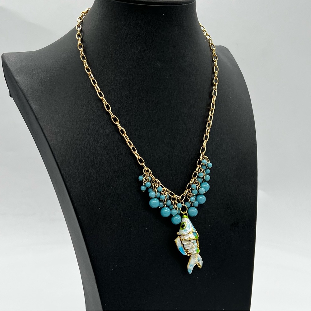 NWT Hugo Blue Beads Goldtone Chain Reticulating Fish Necklace